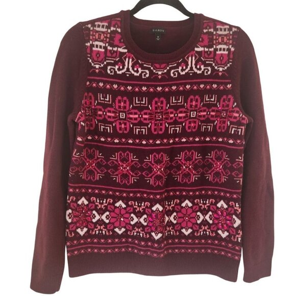 Talbots Sweaters - Talbots Wool Blend Sweater Beaded Geometric Maroon Women's Size M
